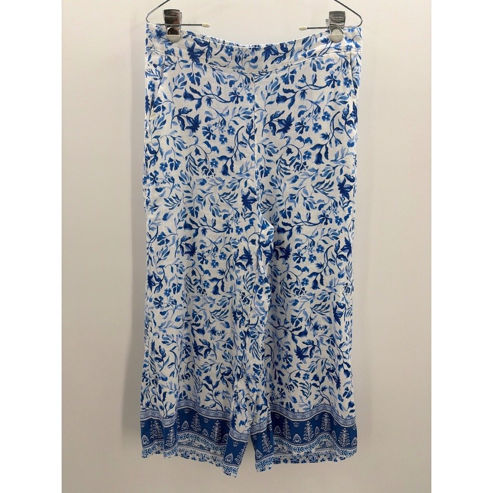 Joie Womens Blue White Floral Toile 100% Linen Wide Leg Pants Size L RN 75343